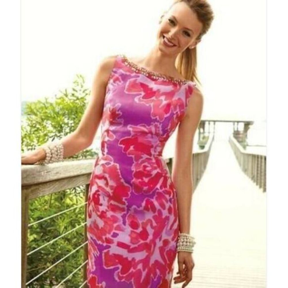 Lilly Pulitzer Pulaski Purple Pink Floral Embellished Cocktail Dress Size 2 XS